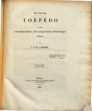 Die Gattung Torpedo in ihren naturhistorischen und antiquarischen Beziehungen erläutert : mit drei Tafeln