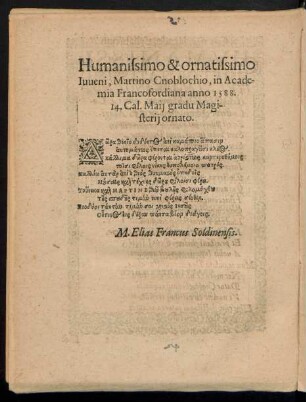 Humanissimo & ornatissimo Iuveni, Martino Cnoblochio ... gradu Magisterii ornato.