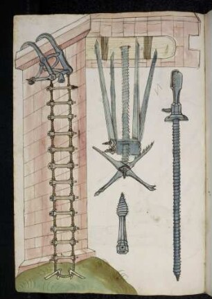Stadtmauer mit Sturmleiter, an Stadttor angesetztes Brechzeug und Zubehör