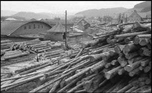 Neustadt: Sägewerk J. Himmelsbach, Holzlagerplatz, Polter und Werkhalle