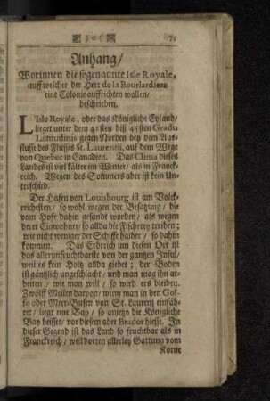 Anhang/ Worinnen die sogenannte Isle Royale, auff welcher der Herr de la Bourlardiere eine Colonie auffrichten wollen/ beschrieben.