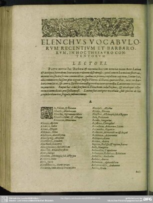 Elenchus Vocabulorum Recentium Et Barborum, In Hoc Thesauro Contentorum