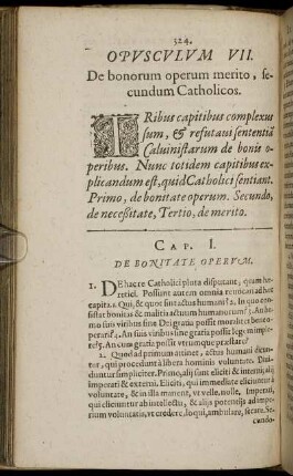 Opusculum VII. De bonorum operum merito, secundum Catholicos. Cap. I. [ - ] Cap. III.; De Bonitate Operum; De necessitate operum; De merito operum.