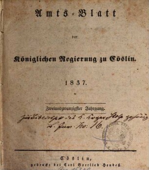 Amts-Blatt der preußischen Regierung zu Köslin. 1837 = Jg. 22