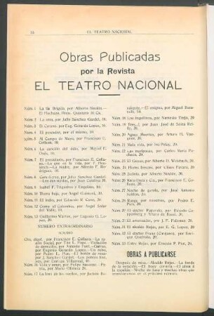 Obras publicadas por la Revista El Teatro Nacional