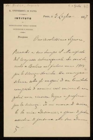Brief von Pasquale Del Giudice an Otto von Gierke, Pavia, 3.7.1907