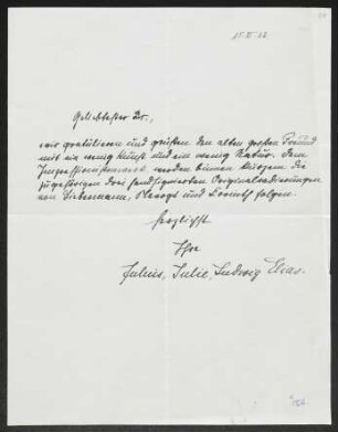 Brief von Julius Elias, Julie Elias und Ludwig Elias an Gerhart Hauptmann