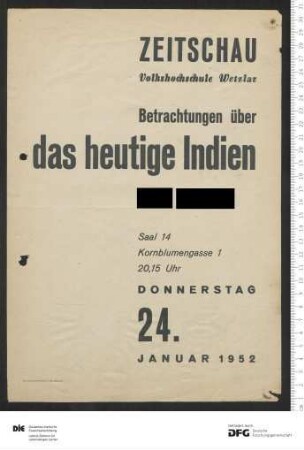 Ankündigung einer einzelnen Veranstaltung 1952
