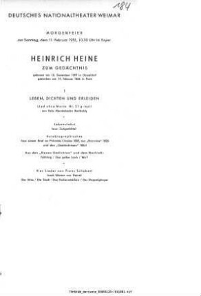 Morgenfeier [...] Heinrich Heine zum Gedächtnis