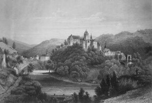 Ansicht der Burg Elbogen mit Fluß Eger