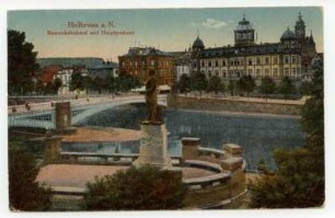 "Bismarckdenkmal und Hauptpostamt" - Bismarck-Denkmal, Neckarbrücke, Postamt 1 (Kaiserstraße 2) (color)