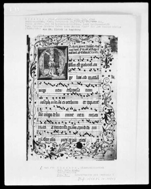 Antiphonale aus Sankt Ulrich in Augsburg — Initiale M (issus est Gabriel), darin Verkündigung, Folio 1recto