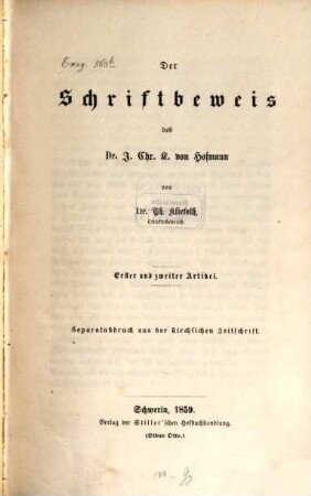 Der Schriftbeweis des Doktor J. Chr. K. von Hofmann