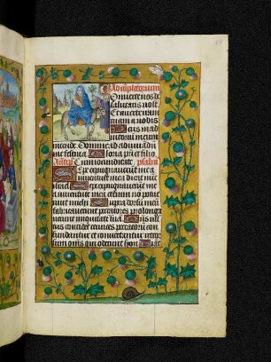 Vollbordürenseite mit Streumusterbordüre und Textanfangsminiatur: Flucht nach Ägypten