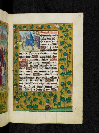 Vollbordürenseite mit Streumusterbordüre und Textanfangsminiatur: Flucht nach Ägypten
