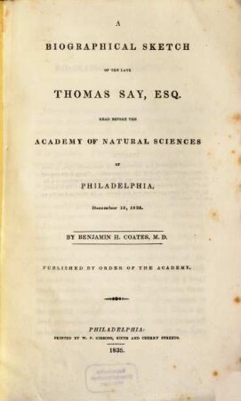 A biographical sketch of the late Thomas Say