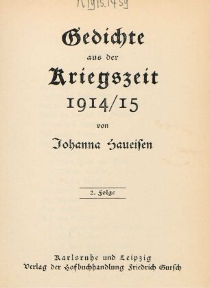 Folge 2: Gedichte aus der Kriegszeit 1914/15