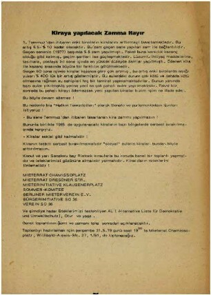 Flugschrift: Keine Mieterhöhung zum 1. Juli! 1979