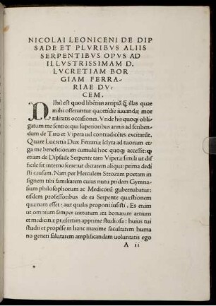 Nicolai Leoniceni De Dip Sade Et Pluribus Aliis Serpentibus Opus Ad Illustrissimam D. Lucretiam Borg Giam Ferrariae Ducem.