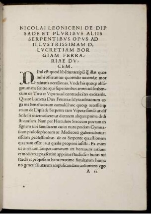 Nicolai Leoniceni De Dip Sade Et Pluribus Aliis Serpentibus Opus Ad Illustrissimam D. Lucretiam Borg Giam Ferrariae Ducem.