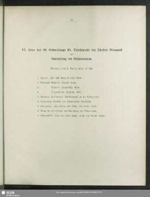 VI. Feier des 80. Geburtstags Sr. Durchlaucht des Fürsten Bismarck und Entlassung der Abiturienten