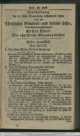 Eintheilung der in dieser Sammlung enthaltenen Lieder nach der Christlichen Glaubens- und Lebens-Lehre