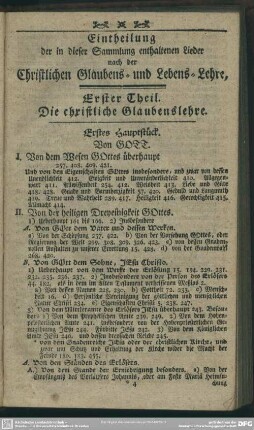 Eintheilung der in dieser Sammlung enthaltenen Lieder nach der Christlichen Glaubens- und Lebens-Lehre