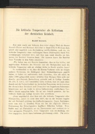 Die kritische Temperatur als Kriterium der chemischen Reinheit.