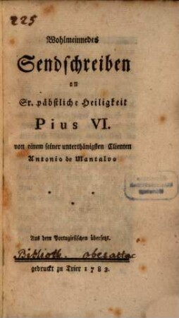Wohlmeinendes Sendschreiben an Pius VI.