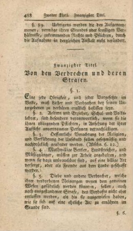 Zwanzigster Titel. Von den Verbrechen und deren Strafen
