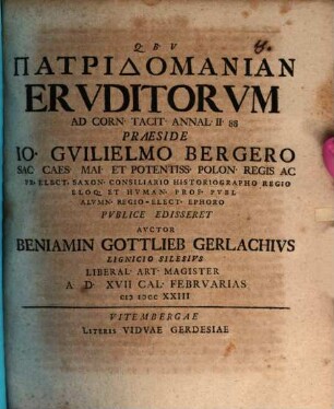 Patridomanian Ervditorum Ad Corn. Tacit. Annal. II. 88