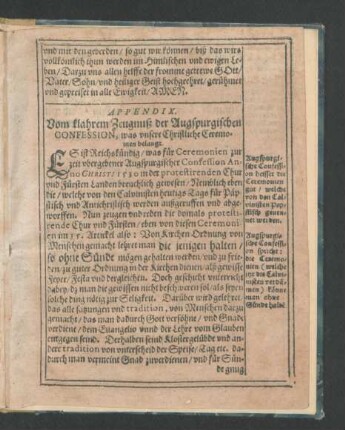 Appendix. Vom klahrem Zeugnuß der Augspurgischen Confession ...