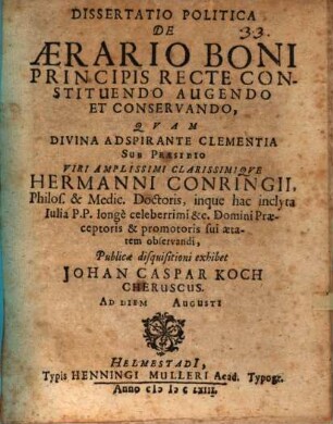 Dissertatio Politica De Aerario Boni Principis Recte Constituendo Augendo Et Conservando
