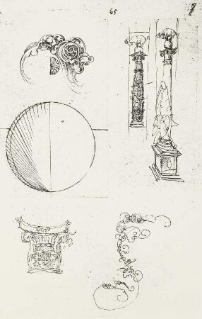 Säulenstudien : Dresdner Skizzenbuch (1507/1528). Säulenstudien (um 1515, aus: R. Bruck: Das Skizzenbuch von Albrecht Dürer, Straßburg 1905, Tafel 142, Blatt 167r, Str. 147, Kriegsverlust). Dresden: SLUB Mscr.Dresd.R.147.f