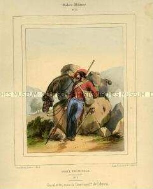 Uniformdarstellung, Kavallerist der spanischen Carlisten, Spanien, 1832/1848. Tafel Nr. 33 aus: Galerie militaire. Collection des Costumes Militaires de toutes les Nations. Paris 1840 - 1855.