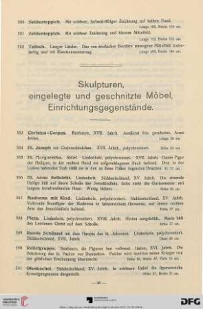 Skulpturen; eingelegte und geschnitzte Möbel, Einrichtungsgegenstände (Nr. 583-654)
