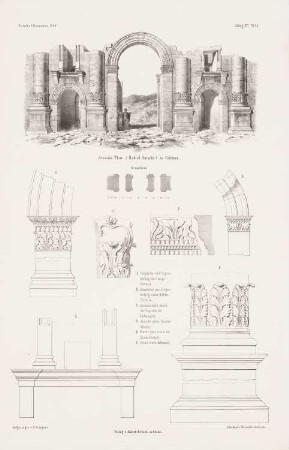 Amman-Tor, Gerasa: Perspektivische Ansicht, Details (aus: Atlas zur Zeitschrift für Bauwesen, hrsg. v. G. Erbkam, Jg. 16, 1866)