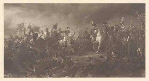 Kaiser Napoleon I. mit Offizieren, zu Pferd, in Schlacht von Austerlitz 02.12.1805 bei Nacht, im Heerlager meldet berittener Offizier, begleitet von Standartenträgern, den siegreichen Schlachtverlauf, davor Gefallene, Kriegsgerät, zerbrochenes Fuhrwerk