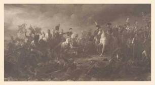 Kaiser Napoleon I. mit Offizieren, zu Pferd, in Schlacht von Austerlitz 02.12.1805 bei Nacht, im Heerlager meldet berittener Offizier, begleitet von Standartenträgern, den siegreichen Schlachtverlauf, davor Gefallene, Kriegsgerät, zerbrochenes Fuhrwerk