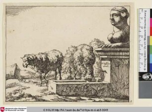 [Titre: Deux moutons; Titelblatt: Zwei Schafe an einem Brunnen mit Büste]
