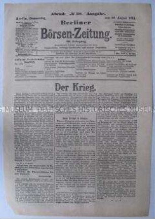 Titelblatt der "Berliner Börsen-Zeitung" zum Kriegsgeschehen