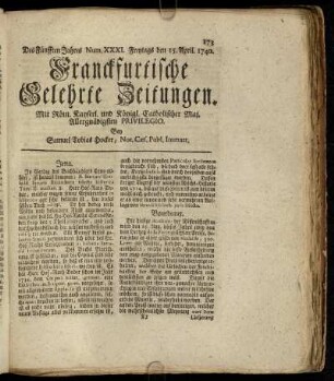Num. XXXI. Freytags den 15. April. 1740 - Num. XL. Dienstags den 17. May. 1740