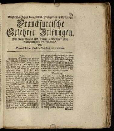 Num. XXXI. Freytags den 15. April. 1740 - Num. XL. Dienstags den 17. May. 1740