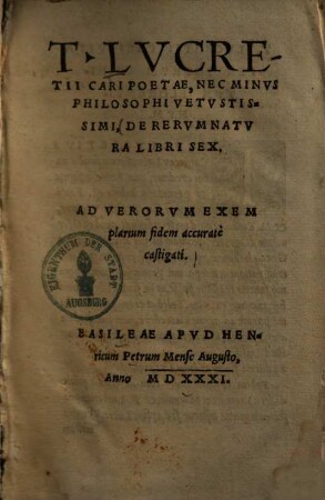 De rerum natura : libri sex ; ad verorum exemplarium fidem accurate castigati