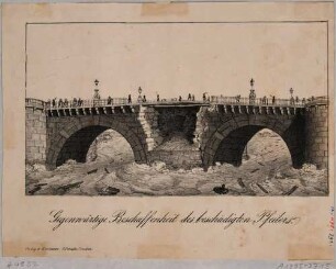 Der durch das Hochwasser am 31. März 1845 eingestürzte Pfeiler der Elbbrücke (alte Augustusbrücke) in Dresden, ehemaliger Standort des Kruzifixes