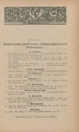 Abtheilung I. Kupferstiche, Radirungen, Lithographieen und Holzschnitte