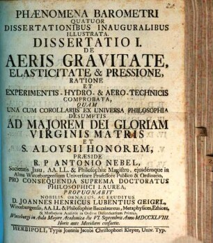 Phaenomena barometri, quatuor dissertationibus inaug. illustrata : Diss. I., de aëris gravitate
