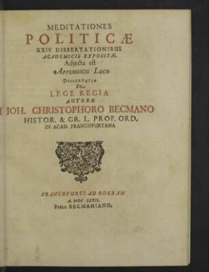 Meditationes Politicae XXIV Dissertationibus Academicis Expositae