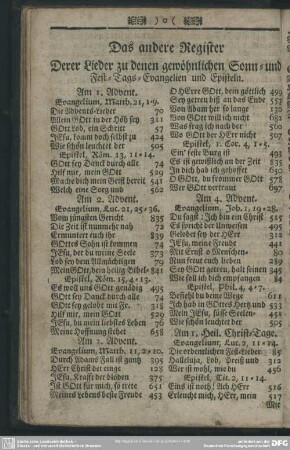 Das andere Register Derer Lieder zu denen gewöhnlichen Sonn- und Fest-Tags-Evangelien und Episteln