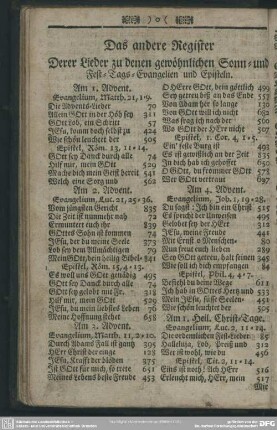 Das andere Register Derer Lieder zu denen gewöhnlichen Sonn- und Fest-Tags-Evangelien und Episteln